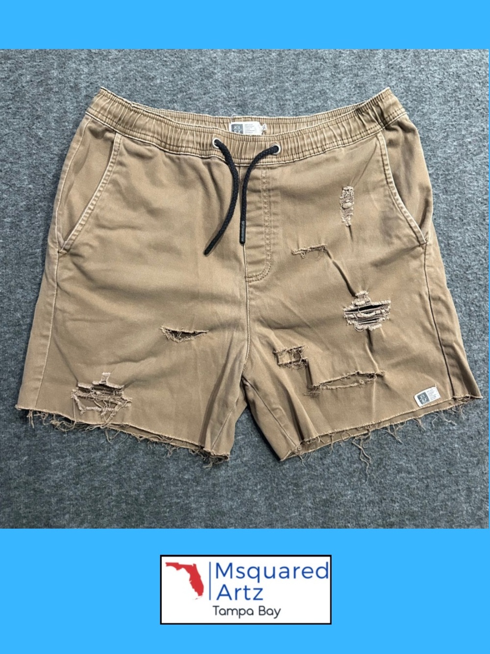Lira Men's Distressed Shorts Medium Brown Khaki Drawstring Raw Hem Stretch